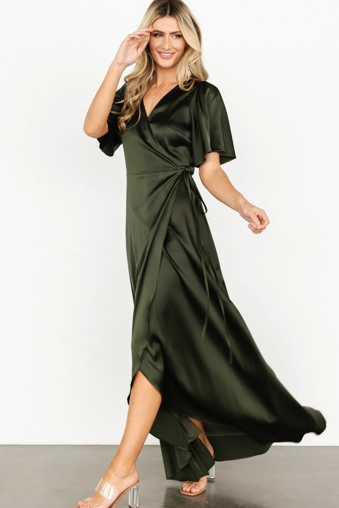 Baltic Born Vara Satin Maxi Wrap Dress | Dark Olive