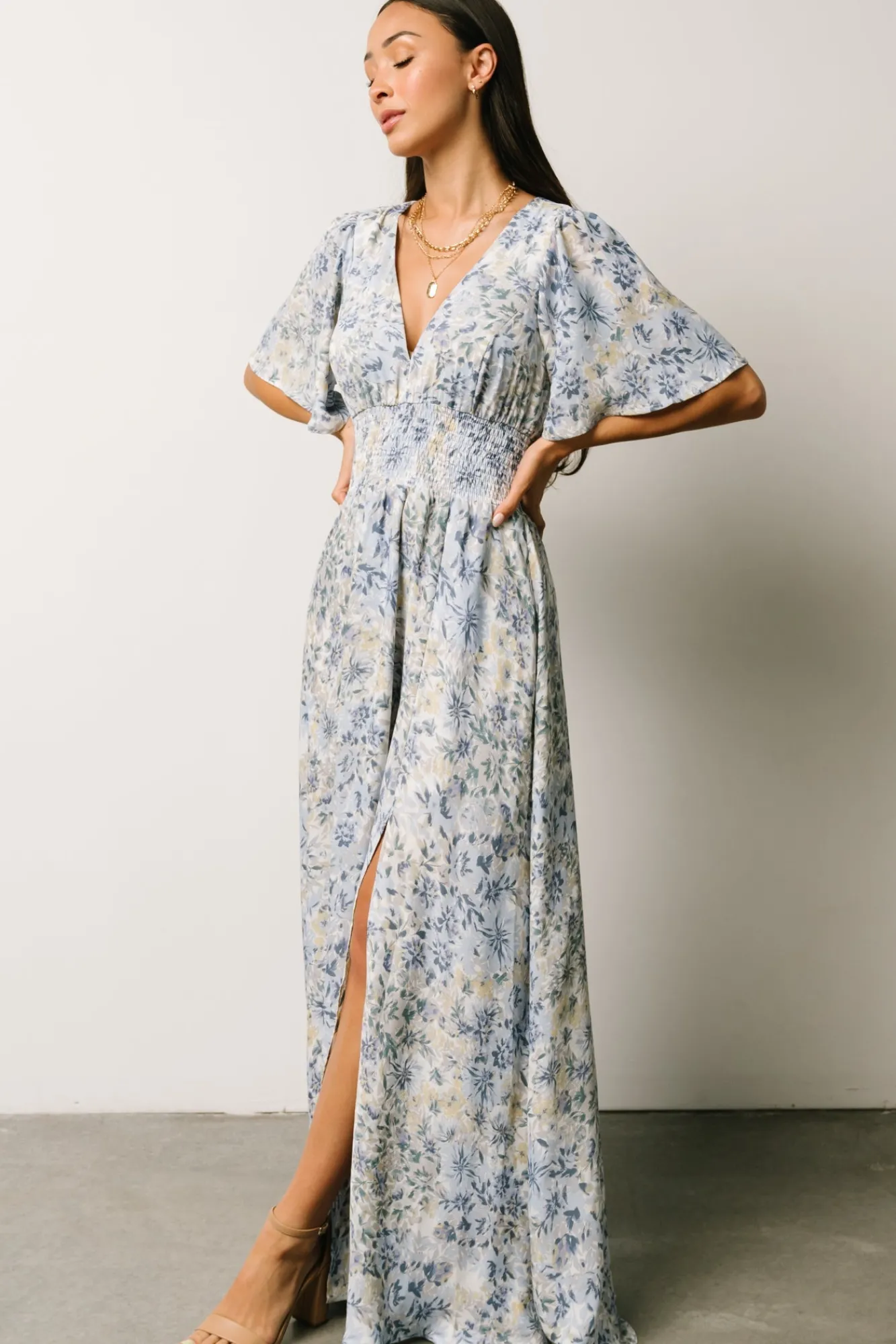 Baltic Born Verona Smocked Maxi Dress | White + Blue Print