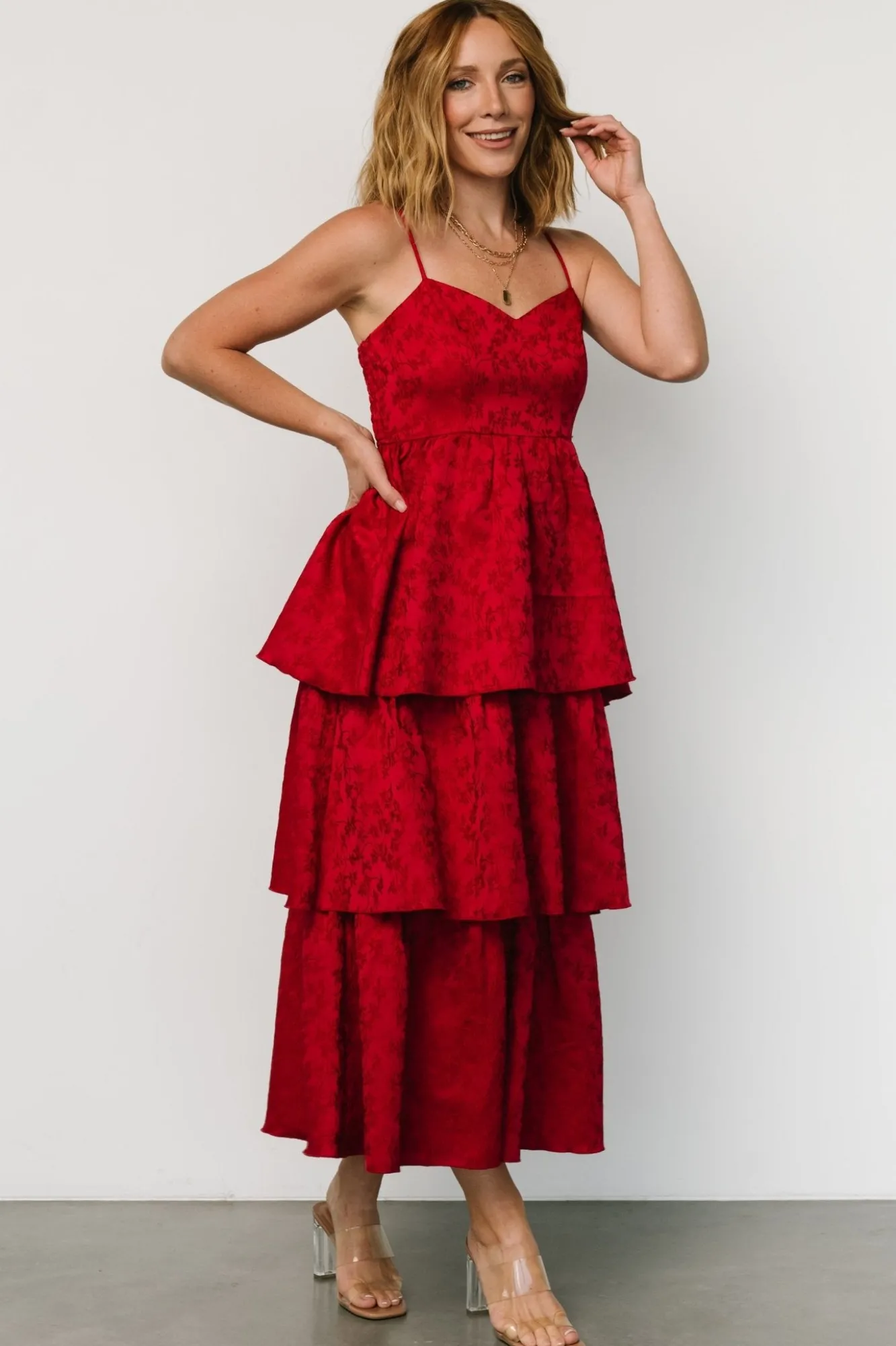 Baltic Born Violetta Embossed Tiered Dress | Deep Red