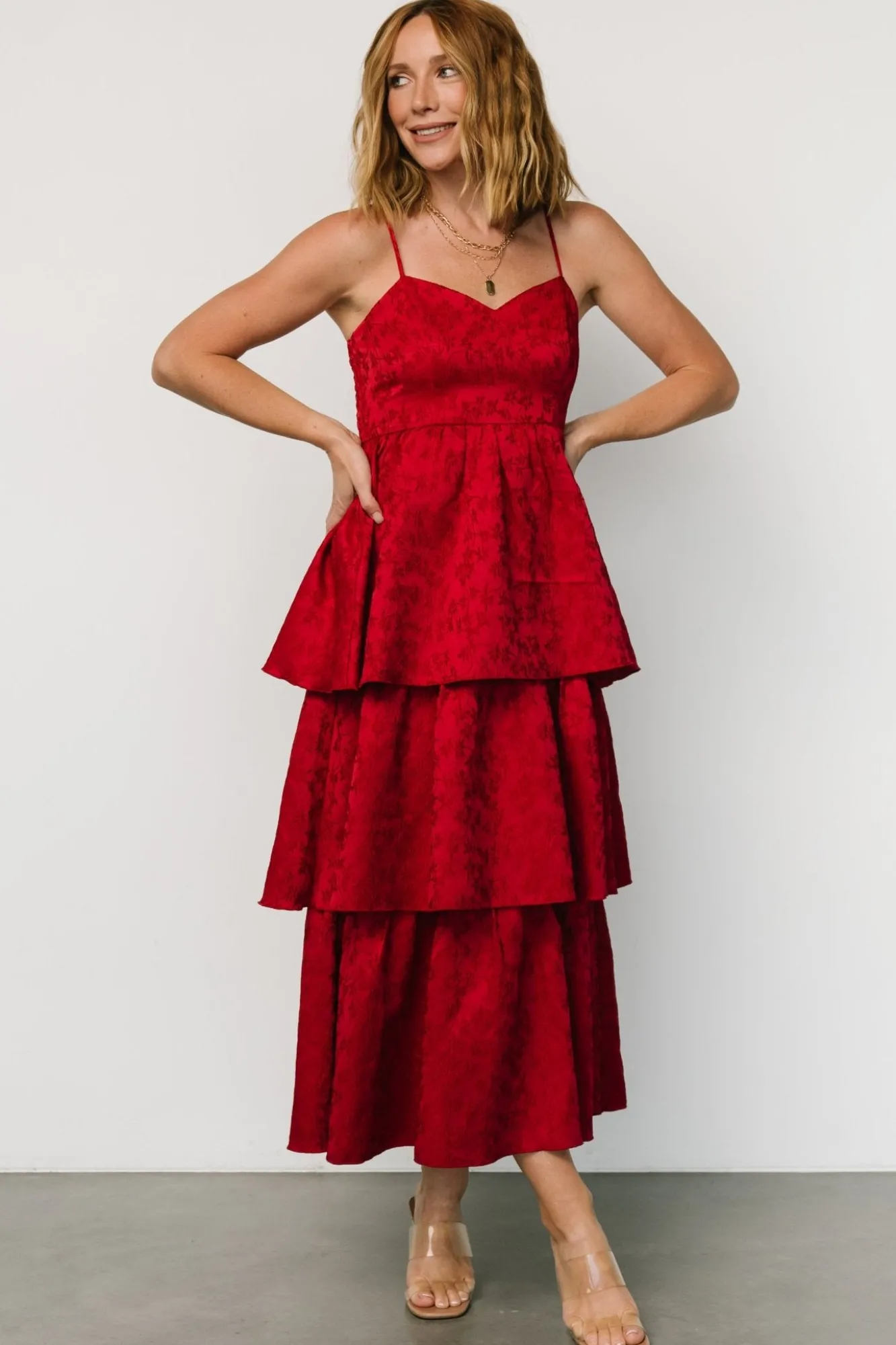 Baltic Born Violetta Embossed Tiered Dress | Deep Red