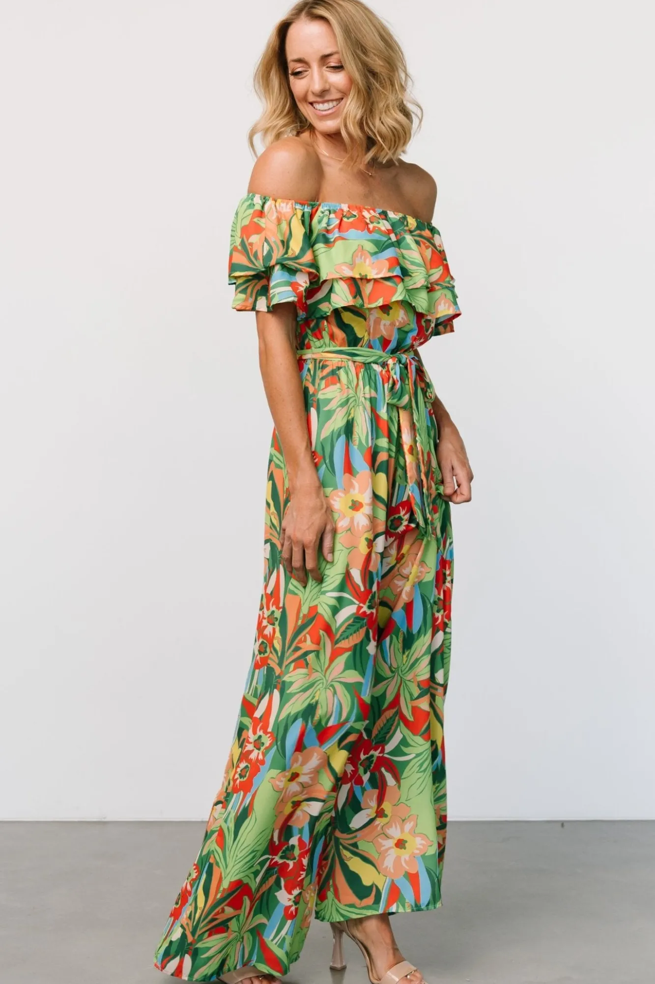 Baltic Born Zanzibar Off Shoulder Jumpsuit | Green Multi